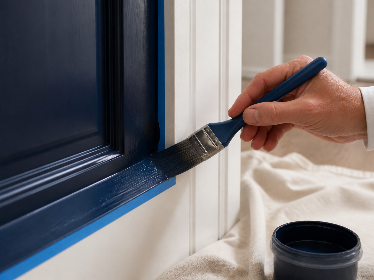 Careful application of navy finish along a precisely masked trim edge